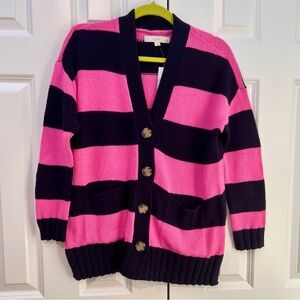 LOFT Hot Pink and Black Bold-Striped Button Cardigan